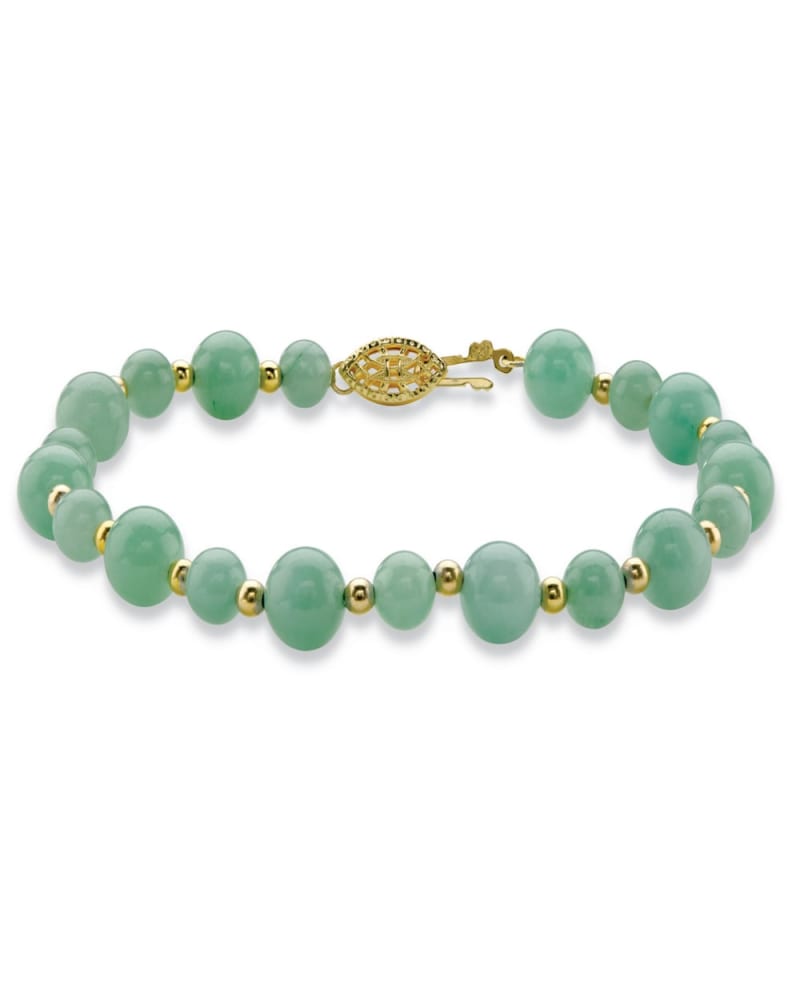 Front of a size 8 in Genuine Green Jade 14k Gold-plated Sterling Silver Beaded Bracelet 8" in Green by PalmBeach Jewelry. | dia_product_style_image_id:297146